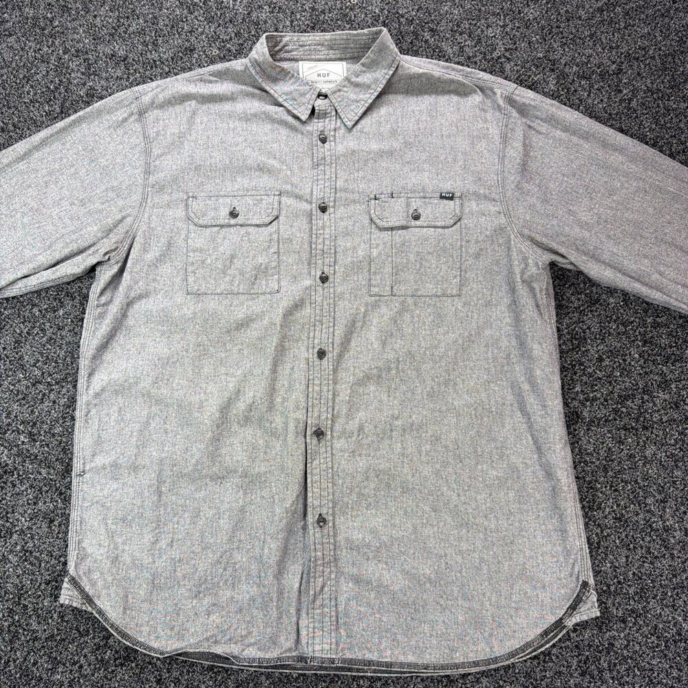HUF Quality Garments Work Shirt Mens XXL Gray Cotton Chambray Button Up